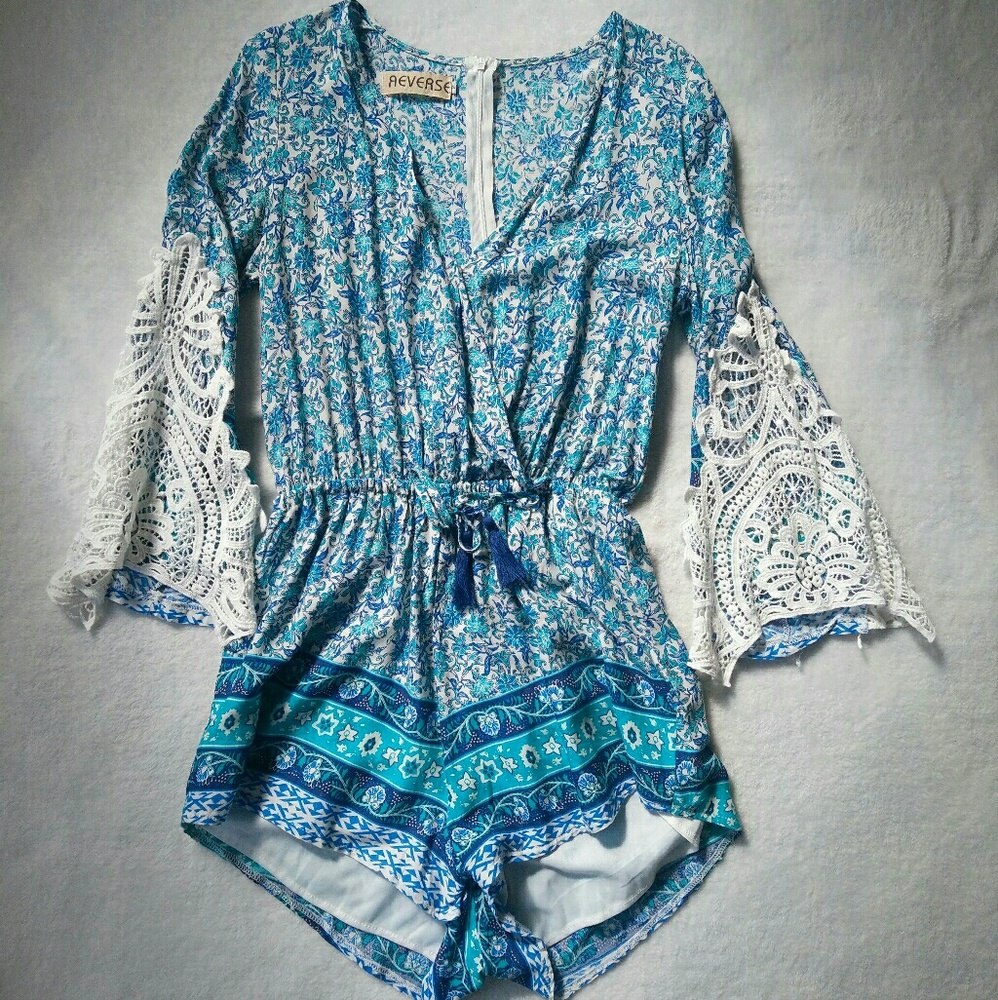 Blue Romper with Lace Details